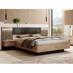 Vente-unique Bed met nachtkastjes 160 x 200 cm - Met ledverlichting - Kleur: naturel en zwart + lattenbodem + matras - ARIADA