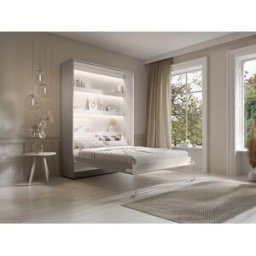 Vente-unique Opklapbaar bed 140 x 200 cm - Verticale handmatige opening - Met LED- Verlichting - Beige - RAPILI