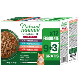Natural Trainer Straccetti Adult reepjes in saus 12 x 85 g - Mixpakket (Eend, Kabeljauw, Zalm, Rundvlees)