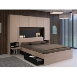 Vente-unique Bed met opbergruimte 160 x 200 cm - Met ledverlichting - Kleur: naturel en zwart + bedbodem - VELONA