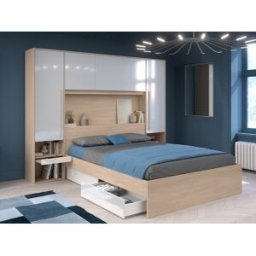Vente-unique Bed met bedbrug 160 x 200 cm met opbergruimte - Met ledverlichting - Kleur: naturel en glanzend wit + bedbodem - VELONA