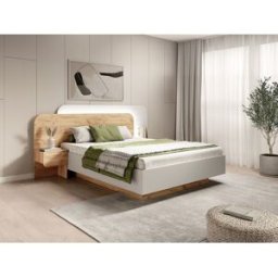 Vente-unique Bed met opbergruimtes met nachtkastjes 160 x 200 cm - Met ledverlichting - Kleur: naturel en wit + matras - DESADO