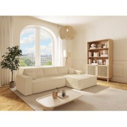 Vente-unique Express-hoekslaapbank met hoek rechts van beige ribfluweel - Bed 140 cm - Matras 13 cm met vormgeheugen - AMELIA