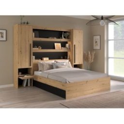 Vente-unique Bed met bedbrug 140 x 190/200 cm met opbergruimte - Met ledverlichting - Kleur: naturel en zwart + bedbodem - VARLY