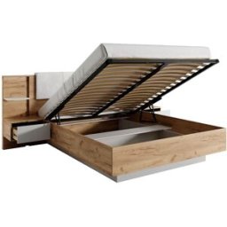 Vente-unique Bed met opbergruimte en nachtkastjes - 160 x 200 cm - Ledverlichting - houtlook en antraciet - Met matras — ELYNIA
