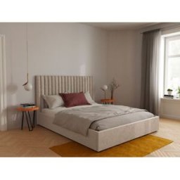 Vente-unique Bed met opbergruimte 160 x 200 cm met hoofdbord met verticale stiksels - Stof - Beige + matras - SARAH
