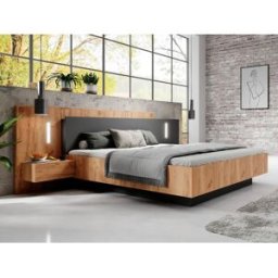 Vente-unique Bed met opbergruimte en nachtkastjes - 160 x 200 cm - 2 lades - Ledverlichting - Kleuren: houteffect en antraciet - Met matras - FRANCOLI