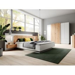 Vente-unique Bed met opbergruimte en nachtkastjes - 160 x 200 cm - 2 lades - Ledverlichting - Kleuren: wit en houteffect - FRANCOLI