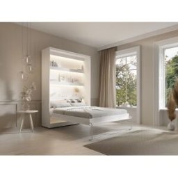 Vente-unique Opklapbaar bed 140 x 200 cm - Verticale handmatige opening - Met ledverlichting - Wit + matras - RAPILI