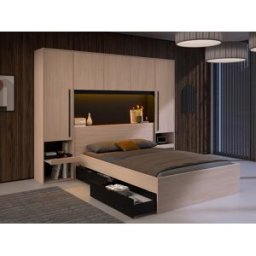 Vente-unique Bed met opbergruimte 140 x 190 cm - Met ledverlichting - Kleur: naturel en zwart + bedbodem - VELONA