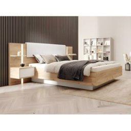 Vente-unique Bed met opbergruimte en nachtkastjes 160 x 200 cm - Met ledverlichting - Kleur: houtlook en wit + matras - ELYNIA