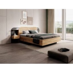 Vente-unique Bed met opbergruimte met nachtkastjes 160 x 200 cm - Met ledverlichting - Kleur: naturel en zwart + matras - JUVISIA