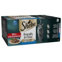 Multipack Sheba Fresh Fijne vershoudzakjes 50 x 50 g - met kabeljauw, zalm & tonijn in saus