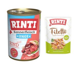6 x 400 g Rinti natvoer voor honden + 100 g RINTI Filetto in Gelei gratis! - Rund Junior