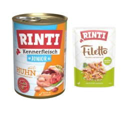 6 x 400 g Rinti natvoer voor honden + 100 g RINTI Filetto in Gelei gratis! - Kip Junior