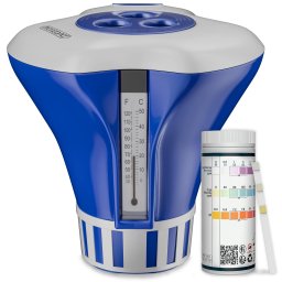 Doseervlotter voor zwembaden 20-200g tabletten inclusief 150 3in1 teststrips UV-bestendige chloordrijver met thermometer