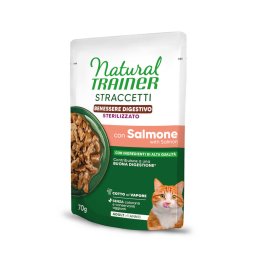 28x 70g Natural Trainer Straccetti Digestive Wellbeing Sterilised Reepjes in saus met zalm nat kattenvoer