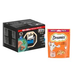32 x 85 g of 120 x 85 g Sheba natvoer voor katten + 180 g Dreamies met Kip kattensnack gratis! - Classics in Paté Variaties in Kuipjes 32 x 85 g