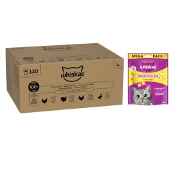 48 x 85 g of 120 x 85 g Whiskas natvoer voor katten + 180 g Whiskas kattensnack Kip & Kaas gratis! - Pluimveeselectie in gelei Adult zakjes gevogelte selectie in gelei 120 x 85 g