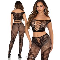 * LEG AVENUE Leg Avenue Off Shoulder Crop Top & Legging Set Zwart
