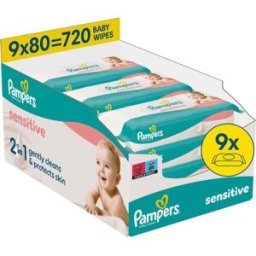 Pampers Sensitive Baby Wipes Vochtige Reinigings Doekjes voor Kinderen 9x80 st
