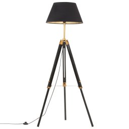 vidaXL Vloerlamp driepoot 141 cm massief teakhout zwart en goudkleurig