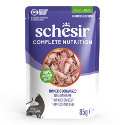 12x 85g Schesir Complete Nutrition Filet in Gelee Thunfisch & Rind Katzenfutter nass
