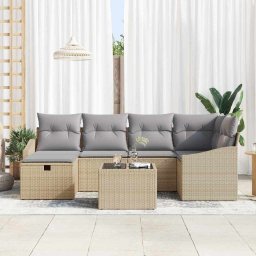 vidaXL Bankstel met kussen met opslag Beige en Licht Grijs poly rattan