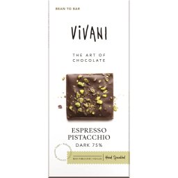 Vivani Chocoladereep Puur 75% Cacao Espresso Pistacchio