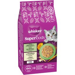 6x30g Kiplever & tonijn Whiskas 1+ Superfoods Gemengde Selectie in Gelei Natvoer voor Katten