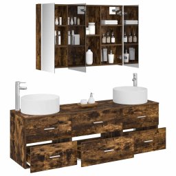 vidaXL Badkamermeubelset 4 st Gerookt eiken Bewerkt hout en glas