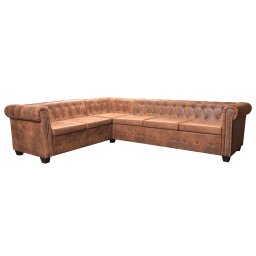 vidaXL Chesterfield Hoekbank 6-Zits Bruin Kunstleer