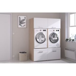 Vente-unique Meubel voor 2 wasmachines met kasten - Licht naturel en wit - B128 x H184 - ERKANO