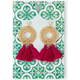 Orelia oorbellen - filigree rondje met 3 roze kwastjes - goudkleurig - 7 cm