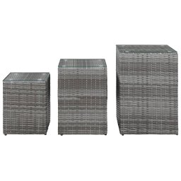 vidaXL 3-delige Bijzettafelset met glazen blad poly rattan grijs