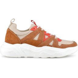 PS Poelman Year Dames Maat 36 - Leren Chunky Runner Sneaker van Mesh en Suéde - Bruin Beige Rood -