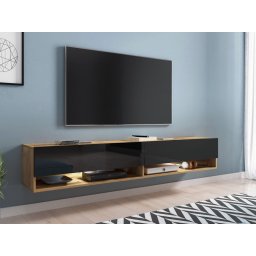 TV-meubel ACAPULCO 2 klapdeuren 180 cm wotan eik/hoogglans zwart met led