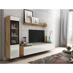 Tv-meubel set VITTORIO 4 deuren eik wotan/hoogglans wit met verlichting