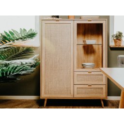 Hoge commode BALO 2 deuren 2 lades sonoma eik met rotan print