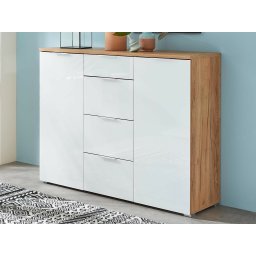 Commode TOLDO 2 deuren 4 lades navarra eik/hoogglans wit