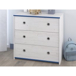 Commode SMOOKIE 3 lades witte pijnboom/blauw