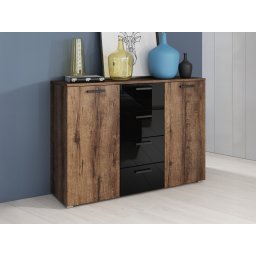 Commode GALACTIC 2 deuren 4 lades hoogglans zwart/monastery eik
