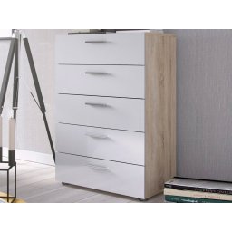 Commode POPEI 5 lades eik/hoogglans wit