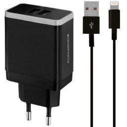 Mobiparts Dual USB Thuislader 4,8A + Lightning Kabel Zwart