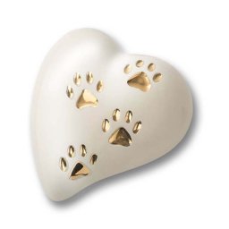 Platte witte Hart Urn, 4 Gouden Pootafdrukjes (0.8 liter)