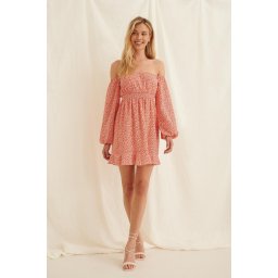 NA-KD - Maat EU 38 - Off Shoulder Smocked Recycled Mini- Vrouwen Jurk - Painted Floral Coral