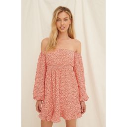 NA-KD Maat 34 Off Shoulder Smocked Recycled Mini Vrouwen Jurk - Painted Floral Coral