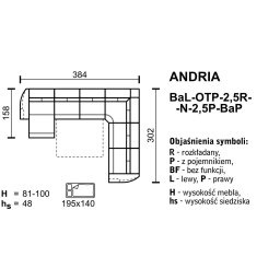 ANDRIA Narożnik BaL-OTP-2,5R-N-2,5P-BaP z funkcją spania.