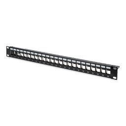 Digitus Panel krosowy (patch panel) modularny 19" 24 porty pod moduły keystone, 1U, ekranowany, prowadnica kabli, pola opisowe, czarny