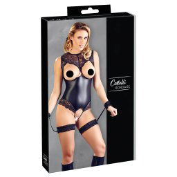 Cottelli Bondage - błyszczące otwarte body i kajdanki (czarne)